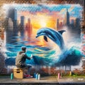 Hipster Graffiti Artist Dolphin Mural Painting Ocean Scene Brick Wall Vintage City Building AI Generated