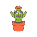 Hipster green cactus character in sunglasses hands growing in pot pop art groovy sticker vector