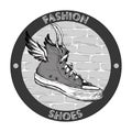 Hipster gumshoe logo. Grunge vector design template. Shoe icon