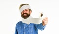 Hipster Guy having fun. Softness strength and absorbency. Prevent Toilet Paper Hoarding. Shortage of goods. Coronavirus Royalty Free Stock Photo