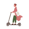 Hipster guy riding on electric kick scooter vector flat illustration. Funny trendy man use modern vehicle isolated on