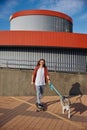 Hipster guy riding skateboard with dog on leash enjoying summer time Royalty Free Stock Photo