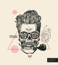 Hipster Hair Skull Smoke Pipe Vector Poster Print. Modern Mustache Skeleton Face Portrait in Sunglasses. Urban