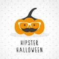 Hipster Halloween text. Pumpkin with moustache and eyeglasses. Vector illustration, flat design