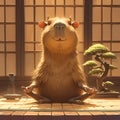 Hipster Hamster Meditates in Zen Garden Royalty Free Stock Photo