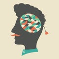 Hipster head with thoughts about geometric shapes.