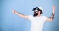 Hipster in helmet works as engineer in virtual reality. 3D design concept. Architect or engineer with virtual reality