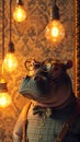 Hipster hippo in suspenders and a bow tie, wearing retro glasses