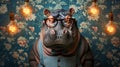 Hipster hippo in suspenders