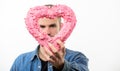 Hipster hold heart white background. Love and romantic feelings concept. Man with beard celebrate valentines day Royalty Free Stock Photo