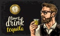 Hipster holding a glass of rum and antique pocket watch.