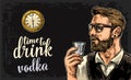 Hipster holding a glass of vodka and antique pocket watch.