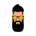 Hipster icon. The head of a brutal man with a brunette with a beard in round sunglasses with yellow lenses in a green frame.