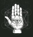 Hipster illustration with sacred geometry, hand, and all seeing eye symbol inside triangle pyramid. Masonic symbol. Royalty Free Stock Photo