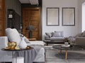 Hipster interior design with designer soft sofa and magazine table in black. The combination of white and gray concrete wall. Two