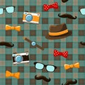 Hipster items on seamless tablecloth