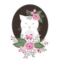 Hipster kitty with flowers on vintage textured background, cat hand drawn.