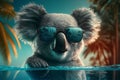 Hipster koala chilling in the swimming pool at a tropical resort. Generative AI