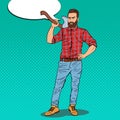 Hipster Lumberjack with Beard and Axe. Woodcutter Worker. Pop Art vintage illustration