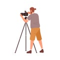 Hipster male photographer use tripod camera vector flat illustration. Guy photojournalist take photo or video isolated Royalty Free Stock Photo