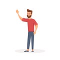 Hipster male positive emotions with raised hand. Vector character illustration in a cartoon style