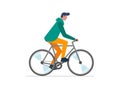 Hipster male riding bike. Young man cyclist isolated on white background. Stylish guy on bicycle vector illustration