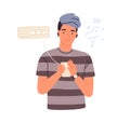 Hipster male teenager in wireless earphones listening to music vector flat illustration. Smiling young man enjoying