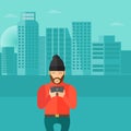 Hipster man with the beard holding a smartphone.Vector flat design