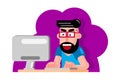 A hipster man with the beard studying sitting in front of computer Royalty Free Stock Photo