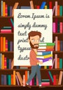 Hipster man carrying stack books in library over blank board with text for copyspace Royalty Free Stock Photo