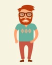 Hipster man. Flat style young beard man illustration. Smiling man in tshirt and chino pants.