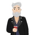 A hipster man with gray hair and a beard in a leather biker jacket with a cup of coffee. Subculture, fashion