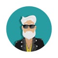 A hipster man with gray hair and a beard in a leather biker jacket and sunglasses. Subculture, fashion