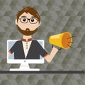 Hipster man with megaphone in digital marketing concept Royalty Free Stock Photo