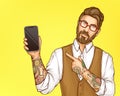 Hipster man pointing on cellphone in hand vector