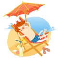Hipster man sunbathing in the beach chair with cocktail. Flat st Royalty Free Stock Photo