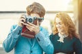 Hipster man wants to take a picture Royalty Free Stock Photo