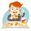 Hipster office man eating pizza at cafe. Flat style Royalty Free Stock Photo