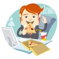Hipster office man eating pizza at his workplace. Flat style