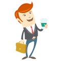 Hipster office man holding coffee and brief case. Flat style