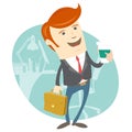 Hipster office man holding coffee and brief case in front of his Royalty Free Stock Photo