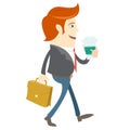 Hipster office man walking and holding coffee and brief case. Fl Royalty Free Stock Photo