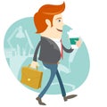 Hipster office man walking and holding coffee and brief case in Royalty Free Stock Photo