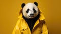 Hipster panda in a coat on a yellow background