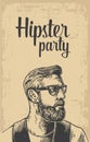 Hipster party for poster or greeting card. Vector vintage engraved illustration. White on beige background.