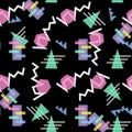 Hipster Pattern Abstract Retro 80 s Jumble Geometric Line Shapes. fashion style seamless on black background. Vector Royalty Free Stock Photo