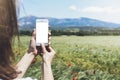 Hipster photograph on digital smart phone or technology, mock up of blank screen. Girl using mobile on red poppies flowers and con