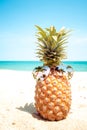 Hipster pineapple with sunglasses on a sandy beach. Royalty Free Stock Photo