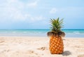 Hipster pineapple with sunglasses on tropical beach. Royalty Free Stock Photo