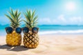 Hipster pineapples couple with sunglasses on a sandy at tropical beach. empty space, banner Royalty Free Stock Photo